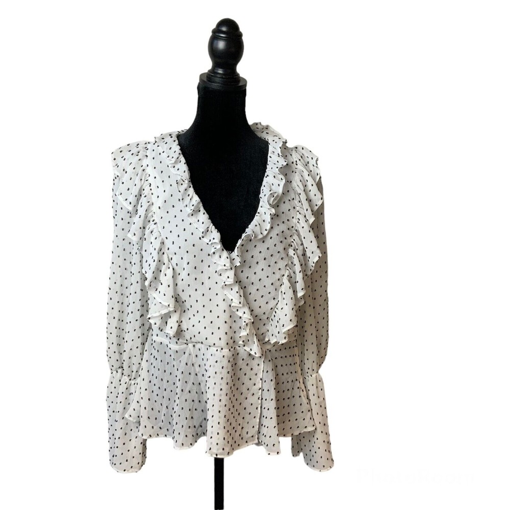 Maison d'Amelie Woman’s Sz M Ruffle Bell Sleeve Textured Swiss Dot V Neck Blouse